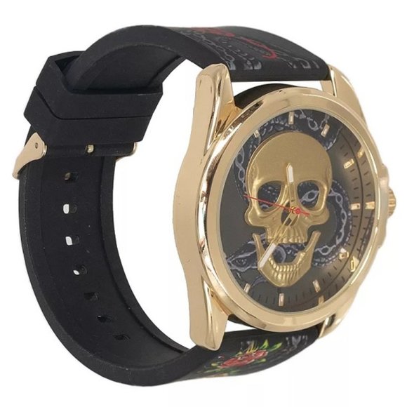 ED HARDY GOTH GOLD SKULL MULTICOLOR PRINT SILICONE STRAP MEN'S WATCH**NEW! - Picture 2 of 9
